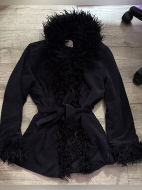 Love Tree Black Faux Fur Trim Belted Corduroy Jacket